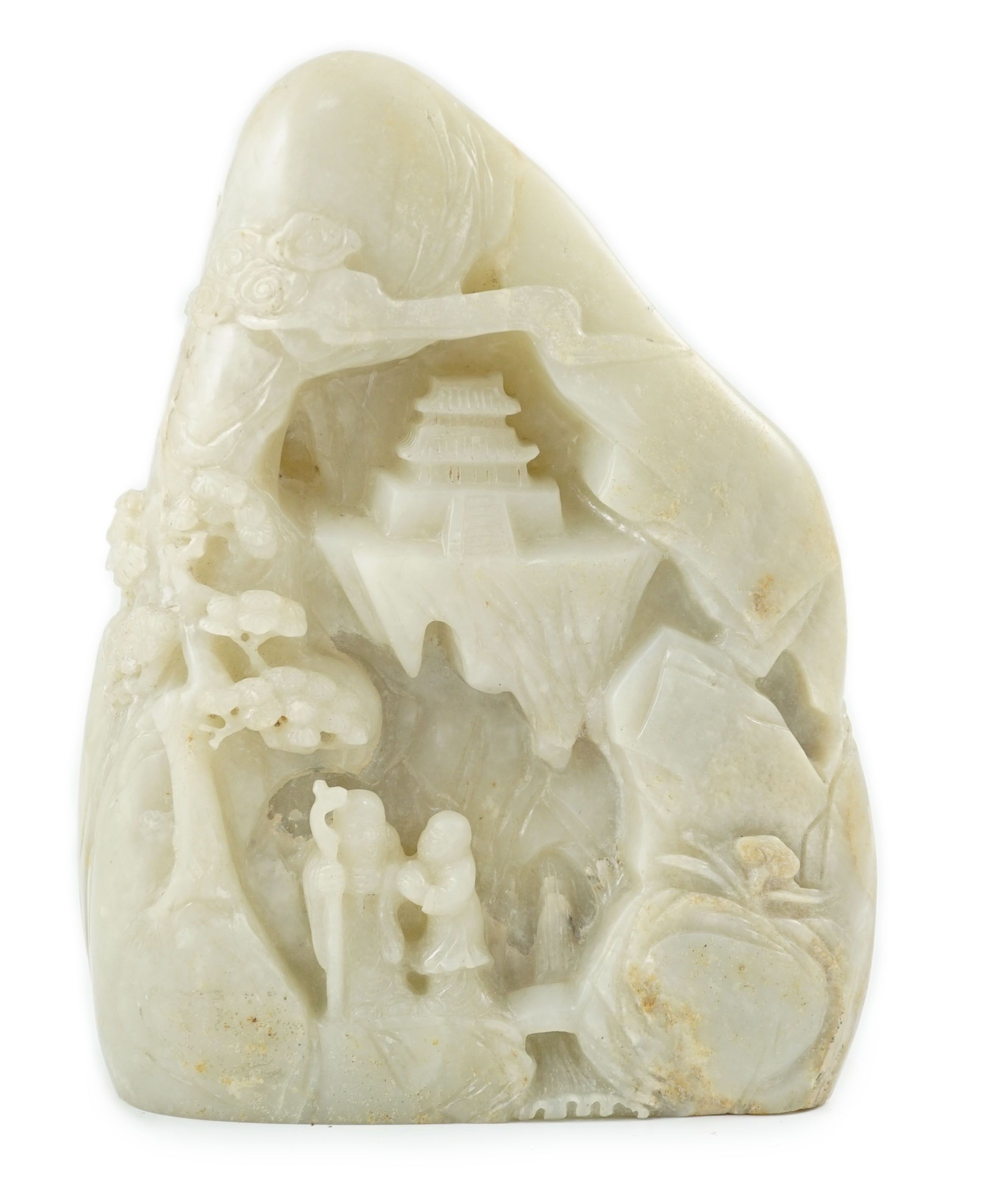 A Chinese pale celadon jade boulder carving, 21cm high 15.5cm wide